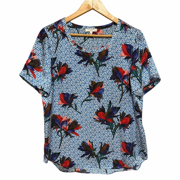 Equipment Femme 100% Silk Scoop Neck Shortsleeved Blue Floral Top M - Picture 4 of 8